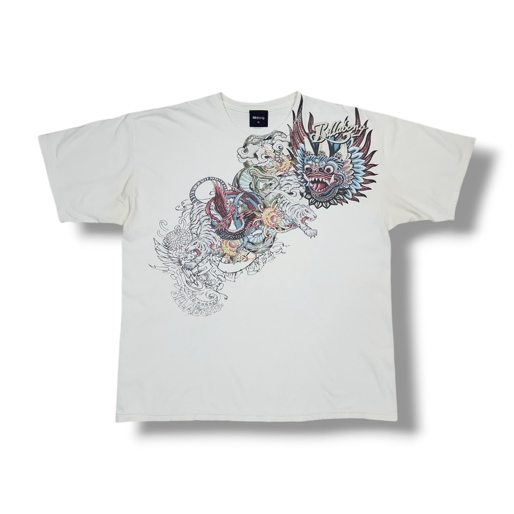 Vintage Billabong Surf Dragon Tiger Graphic Crew Neck White Y2K T-Shirt Size XL